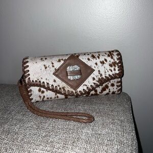 Stylish Brown and Cream Cowhide Wristlet Wallet